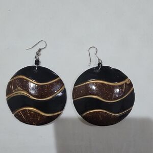 Handcrafted Coconut Shell Round Dangle Earrings Brown Black Hook for Women
